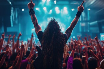 A charismatic rock musician stands on stage with long hair, raising hands while an enthusiastic crowd cheers and raises their hands in a large concert hall.