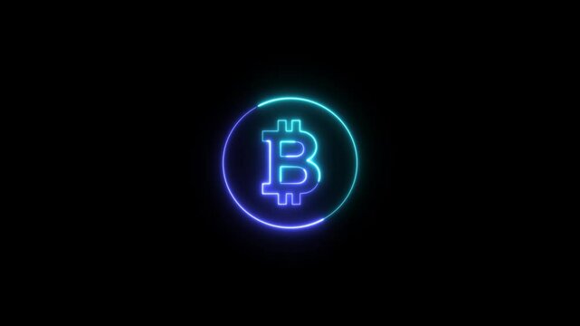 Neon glowing line bitcoin icon animation on the black background. Bitcoin icon neon animation.