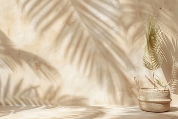 Minimal product placement background with palm shadow on beige plaster wall Luxury summer architecture interior aesthetic Boho home room for product platform stage mockup