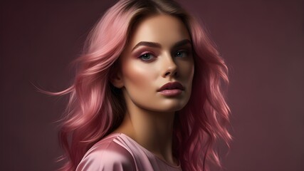 Fototapeta premium Fashion editorial Concept. Closeup portrait of stunning pretty woman with chiseled features, pink makeup and hair. illuminated with dynamic composition and dramatic lighting. copy text space