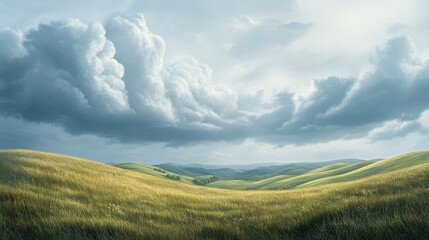 Rolling green hills under a dramatic sky with fluffy clouds.