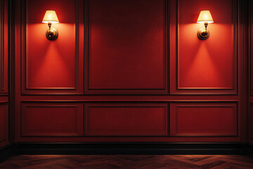 red wall with two sconces casting warm light creates a vintage and intimate atmosphere reminiscent of classic interiors