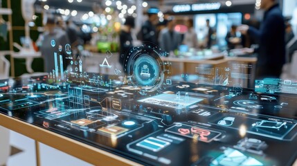 Futuristic Interactive Table with Holographic Interface and Graphic Elements