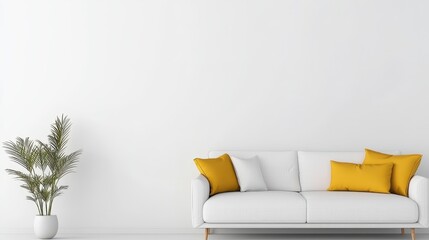 White Sofa with Yellow Pillows and Plant in Minimalist Living Room Interior