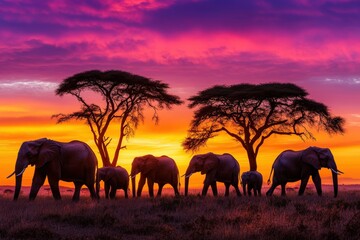 Fototapeta premium Elephant silhouettes are magnified against a vivid sunset as they walk near distinct acacia trees in a scenic savannah, creating an iconic and serene wildlife scene.