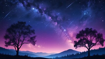 Naklejka premium Night sky with Milky Way, shooting stars, and silhouettes of trees.