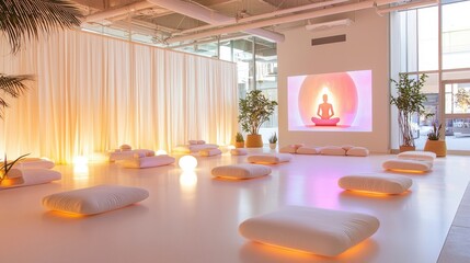 Modern Meditation Room with White Cushions and Soft Lighting