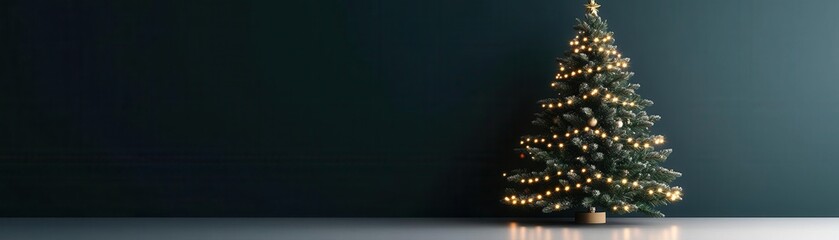Elegant Christmas tree with lights in a dark green room, symbolizing festive holiday spirit and traditional winter decor. Copy space on the left.