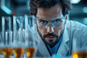 Scientist in a laboratory, focused on conducting experiments with various test tubes containing liquids, demonstrating scientific research and analysis.
