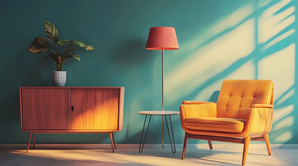 Stock photo of a stylish retro living room, 70s style, minimalistic furniture, armchair, lamp and small table.