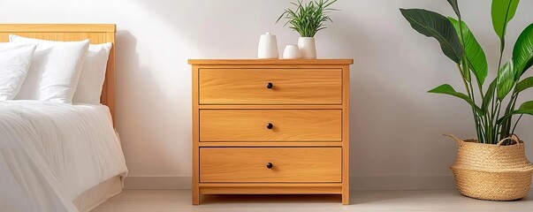 Teak wood chest of drawers in a minimalist bedroom, modern storage, neutral tones, soft natural lighting, simple decor items on top, clean lines, balanced and functional design