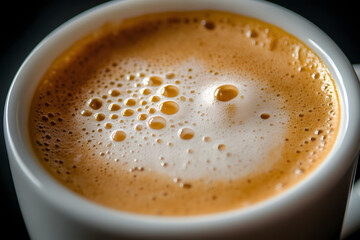 A close-up of coffee foam in cup, swirling patterns. The surface is creamy, speckled with tiny, golden bubbles
