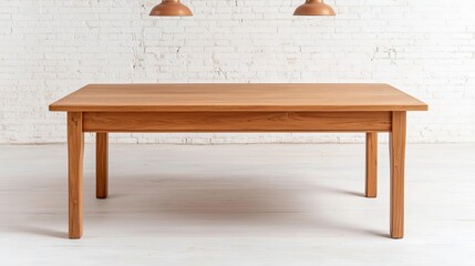 Rustic teak wood dining table in a farmhouse kitchen, country charm, exposed brick wall, hanging pendant lights, soft natural lighting, neutral colors, cozy and inviting ambiance