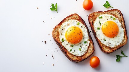 Two Toasts with Sunny-Side Up Fried Eggs, Cherry Tomatoes and Parsley on White Background, Top View
