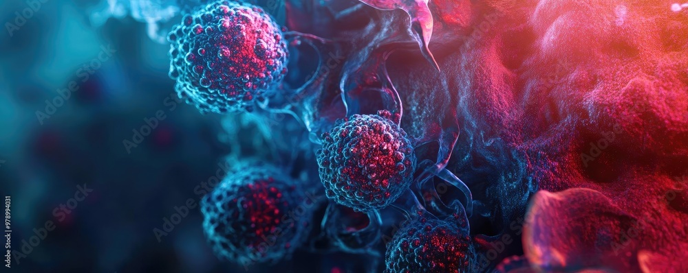 Poster Microscopic view of vibrant cells in a colorful environment, showcasing intricate details and scientific beauty in biology.