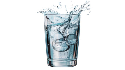 A clear glass of water with ice cubes, featuring a splash and bubbles, isolated on a white background