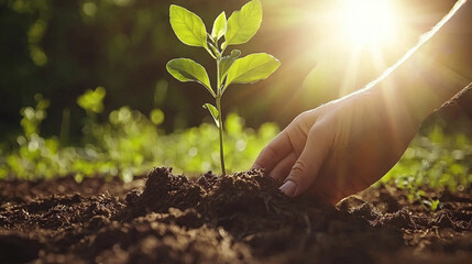 Close-up of a hand planting a seedling in soil