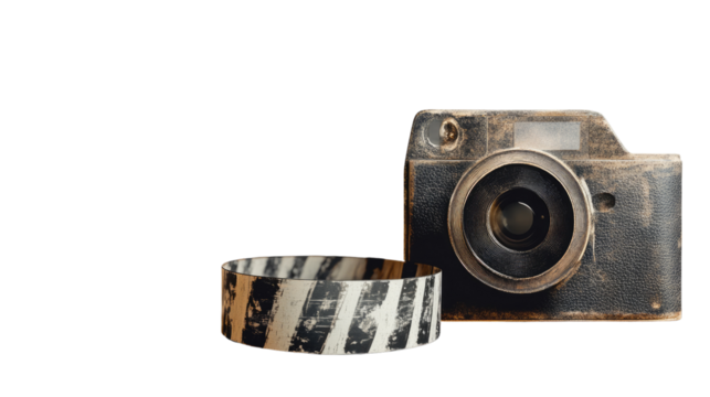 Vintage black film camera with leather belt and metal buckle isolated on white background