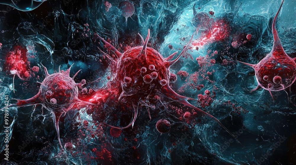 Poster Abstract depiction of microorganisms in vibrant colors, illustrating the complexity of life at a microscopic level.