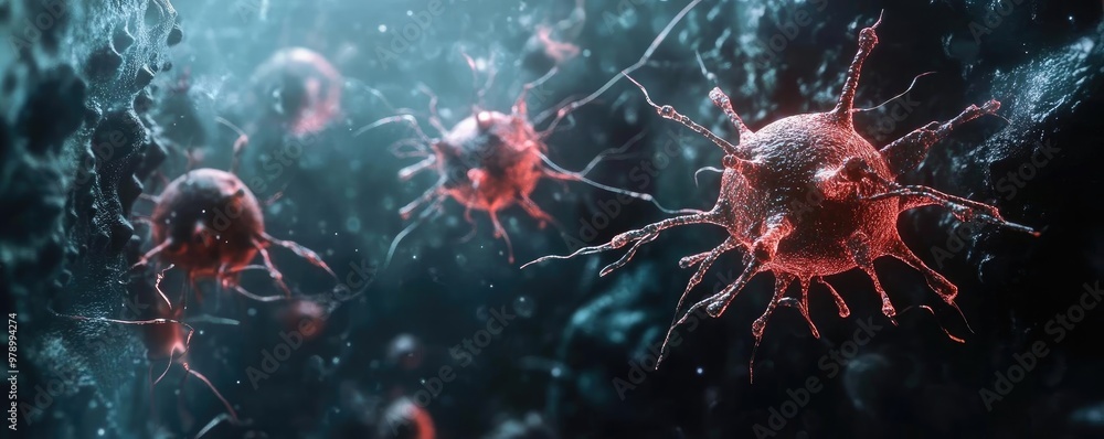 Poster close-up view of vibrant red viruses in a microscopic environment, illustrating the complex nature o