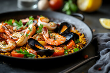 Fototapeta premium Aromatic seafood paella in a dark, rustic pan commercial advertising photo