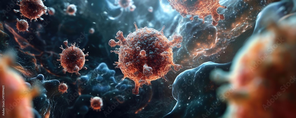 Poster A close-up view of viral particles in a digital environment, showcasing intricate details and biological structures.