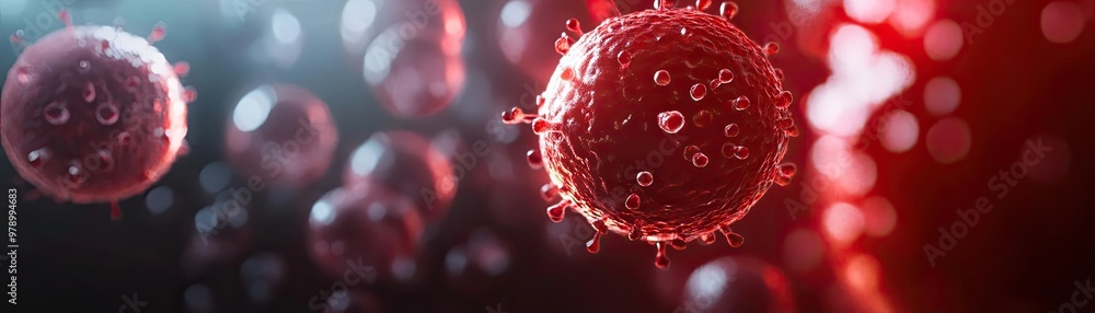 Poster Microscopic view of cells in vibrant colors, representing biological processes and scientific research in a dynamic atmosphere.