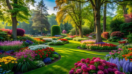 Obraz premium Beautiful lush garden with colorful flowers and tall trees, nature, botanical, vibrant, blooming, foliage, plants, landscape