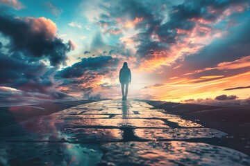 Solitary Figure Walking on Wet Pathway Under Dramatic Sunset Sky.
