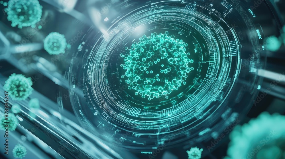 Poster detailed digital illustration of a virus structure, showcasing complex molecular forms and vibrant c