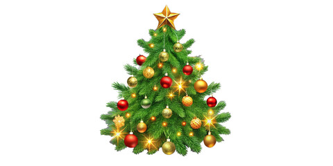 Vector christmas tree isolated on transparent background. Beautiful shining christmas tree with decorations - balls, garlands, bulbs, tinsel and a golden star at the top. Realistic style. Eps 10