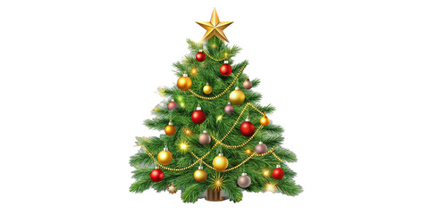 Vector christmas tree isolated on transparent background. Beautiful shining christmas tree with decorations - balls, garlands, bulbs, tinsel and a golden star at the top. Realistic style. Eps 10