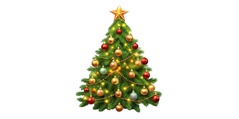 Vector christmas tree isolated on transparent background. Beautiful shining christmas tree with decorations - balls, garlands, bulbs, tinsel and a golden star at the top. Realistic style. Eps 10