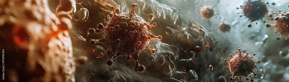 Poster Close-up view of viruses in a microscopic environment, showcasing intricate details and textures of pathogens in motion.