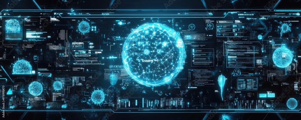 Poster Futuristic digital interface showcasing a glowing globe with data overlays and high-tech elements for innovation and technology themes.