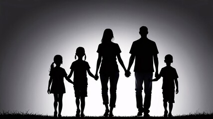 Family silhouette walking together in the light.