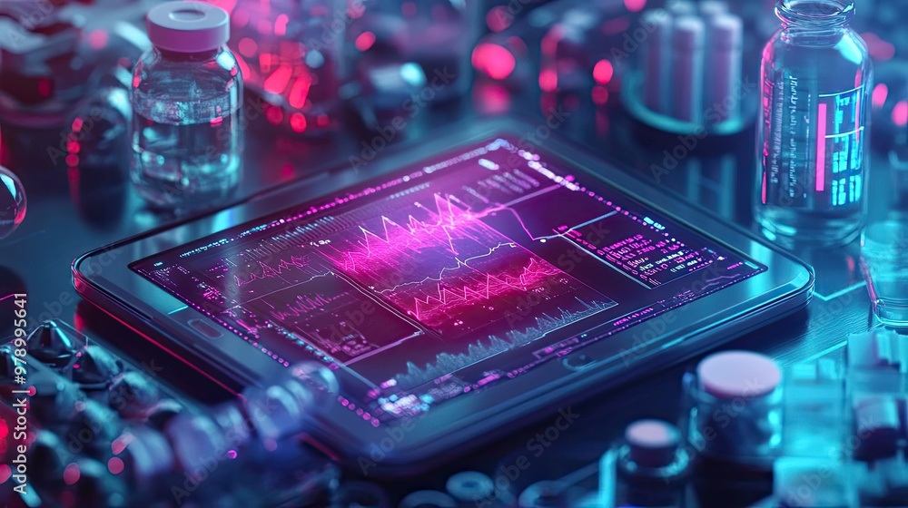 Poster a futuristic tablet displaying colorful data graphs, surrounded by medicine vials, representing heal