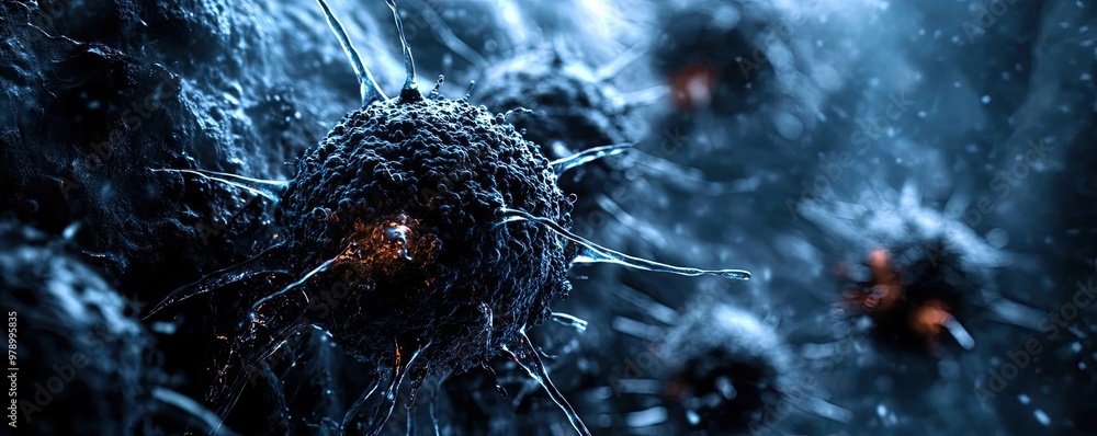 Poster close-up view of microorganisms in a dark, textured environment, showcasing intricate details and vi