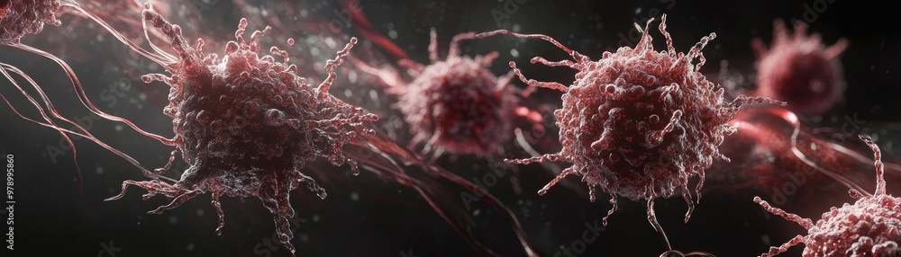 Poster microscopic view of human cells, showcasing intricate details and structures with a dark, contrastin