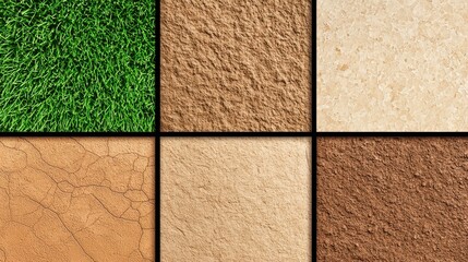 Fototapeta premium Six Different Surface Textures Green Grass Brown Beige Cracked Smooth Rough
