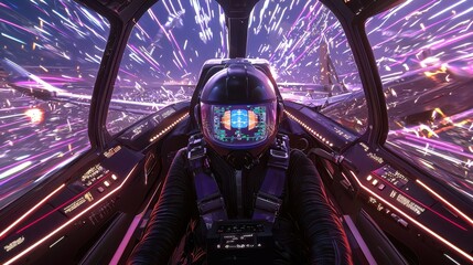 Fototapeta premium Futuristic Spaceship Cockpit View With Astronaut and Neon Lights