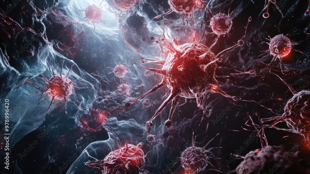 Poster vibrant illustration of cells in a microscopic environment, showcasing the complexity and beauty of 