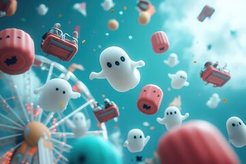 A group of mischievous ghosts flying through a Halloween carnival, causing chaos with magical pranks as rides spin eerily in the moonlight