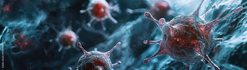 Poster Microscopic view of vibrant cells showcasing intricate details and structures in a fascinating biological environment.