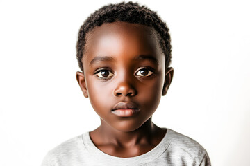 A close-up portrait of an African small boy with black skin against a white background