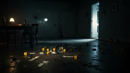 Forensic Evidence Markers in a Dimly Lit Room – Crime Scene Photography