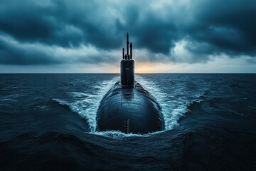 A modern submarine moves through the turbulent ocean waves under a stormy sky, highlighting the strength and resilience of naval technology in challenging conditions.