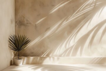 Minimal product placement background with palm shadow on beige plaster wall Luxury summer architecture interior aesthetic Boho home room for product platform stage mockup