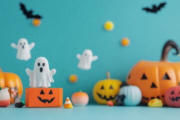 Obraz premium A Halloween party in full swing, with ghostly figures floating around, interacting with trickortreaters