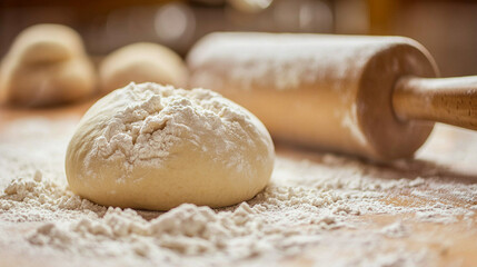 Fototapeta premium Fresh dough ready for baking with rolling pin